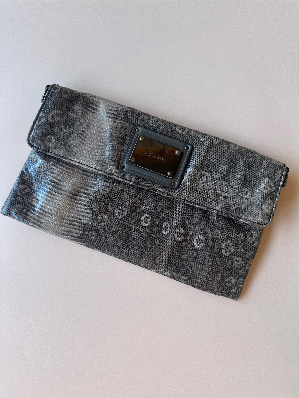 Calvin Klein Gray Snakeskin-Effect Foldover Wallet Clutch